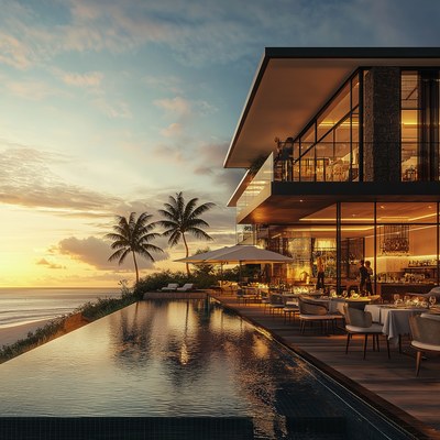 Restaurante y entorno hotelero junto al mar, imagen del material de referencia SLM