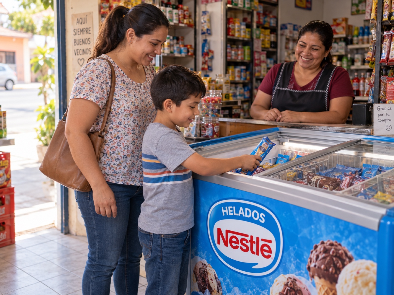 Representación de una familia eligiendo una paleta en un congelador de Helados Nestlé dentro de una tienda